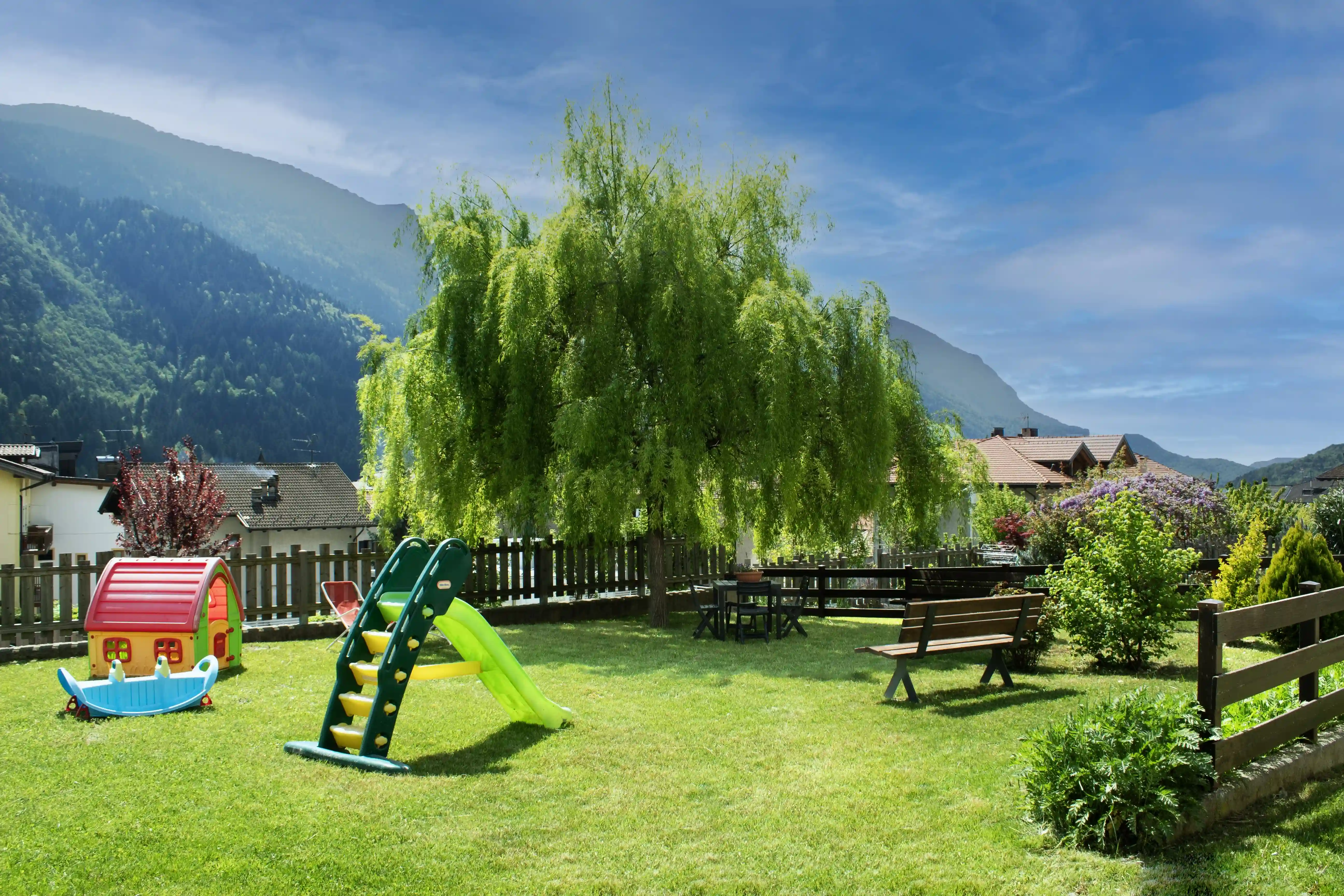 Un giardino con sole, sedie e un albero.